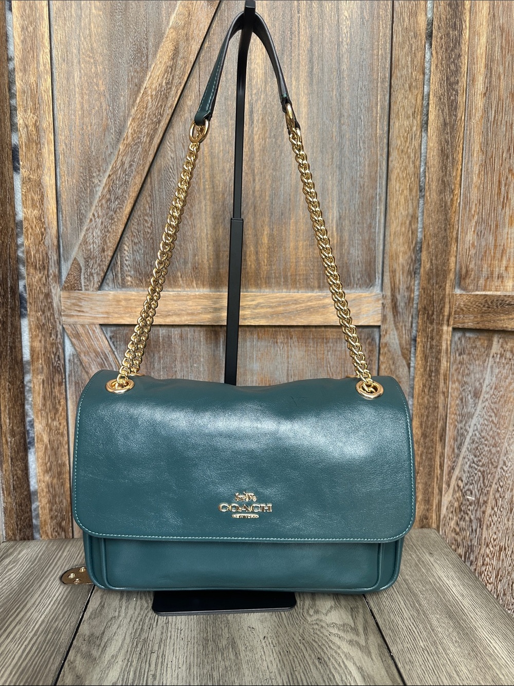 Coach Elodie Dark Teal Green Smooth Leather Crossbody Shoulder Bag Gold Chain